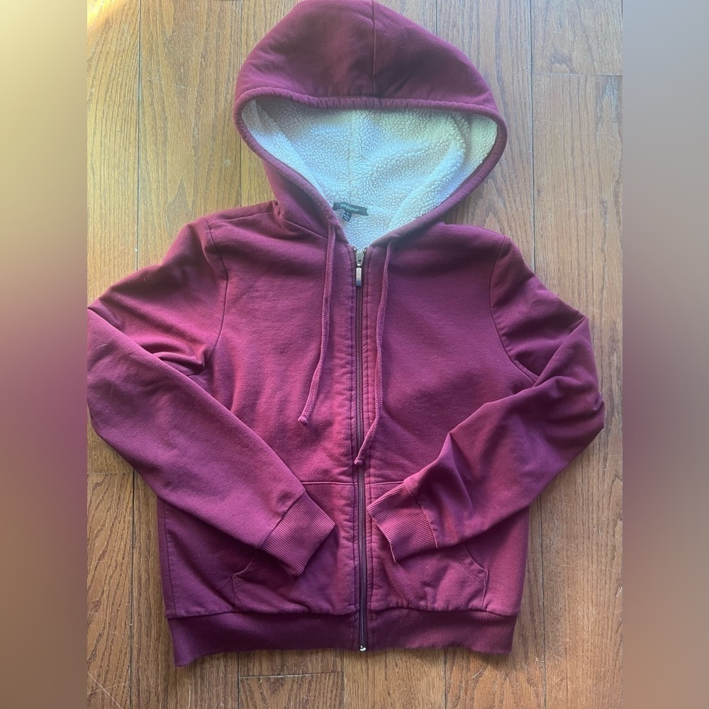 Ambiance Sherpa lined hooded full zip burgundy sweater S - Picture 8 of 10